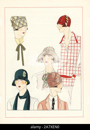 Le donne in cloche cappelli in vari tessuti nella moda del 1926. Pochoir Handcolored (stencil) litografia dal lusso francese rivista di moda arte, gotta, Beaute, 1926. Foto Stock