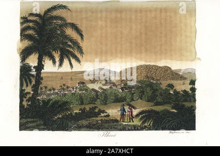 Vista della città di Ilheus, Bahia, Brasile, inizi del XIX secolo. Handcolored incisione su rame da Migliavacca da Giulio Ferrrario il costume antico e moderno di tutti i popoli (Il Costume Antico e Moderno di tutti i Popoli), Firenze, 1842. Foto Stock