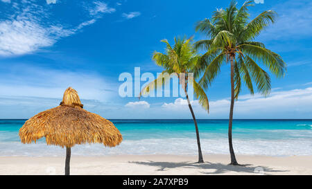 Ombrellone e le palme in isola dei Caraibi Foto Stock