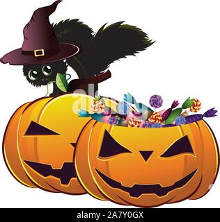 Carino scheda Halloween con nero gattino nella strega hat e due zucche. Illustrazione Vettoriale