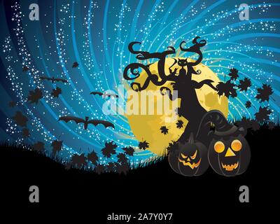 Festa di Halloween sfondo con zucche illuminate, crooked tree e luna sul cielo stellato. Illustrazione Vettoriale