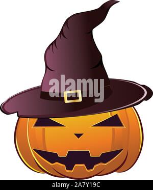 Sorridente Zucca di Halloween vestito nella magica strega hat. Illustrazione Vettoriale