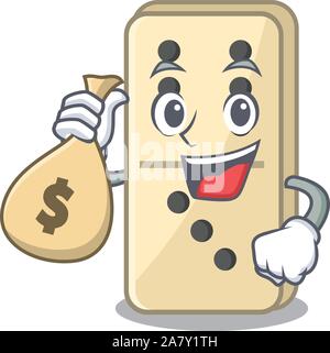 Cartoon di domino sul carattere carino ripiani azienda denaro sacchetto Illustrazione Vettoriale