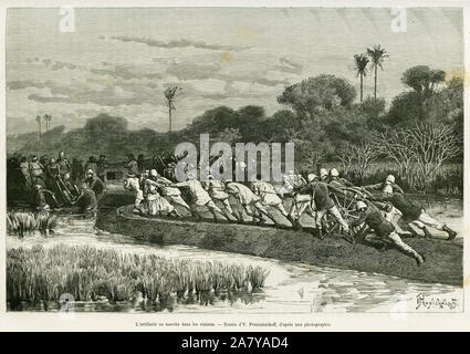 L'Artillerie en marche pres des rizieres. Il rotocalco de Y.Pranishnikoff, d'apres une photographie, pour illustrer le recit Trente mois au Tonkin en 1884, Foto Stock