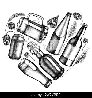 Cuore design floreale con in bianco e nero di segala, hop, boccale di birra, le bottiglie di birra, alluminio può stock illustrazione Illustrazione Vettoriale