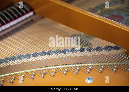 Primo piano di un pianoforte all'interno di stringhe in parallelo in una diagonale di composizione. Foto Stock