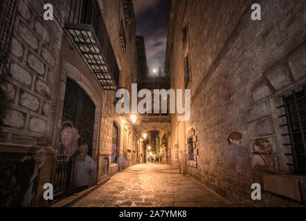 Cartoline di Barcellona. El Pont del Bisbe / Vescovo il ponte di notte. Foto Stock