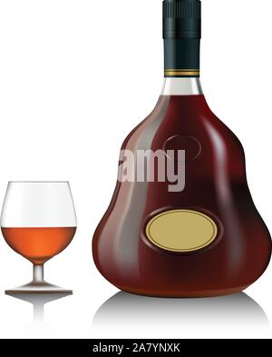 Snifter bicchiere di cognac e bottiglia su sfondo bianco. vettore Illustrazione Vettoriale