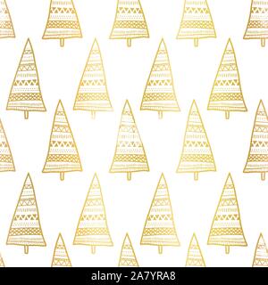 Di lamina di oro doodle alberi di Natale seamless disegno vettoriale. Lucido metallico dorato stile Boho alberi su sfondo bianco. Design elegante. Per Natale Illustrazione Vettoriale