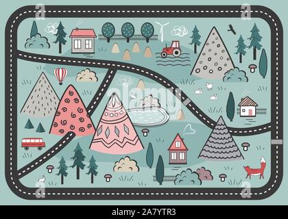 Carino disegnato a mano vettore scandinavo sfondo con case, gli animali, gli alberi e le montagne. Delineare la natura paesaggio. Perfetto per bambini tappetini su strada Illustrazione Vettoriale
