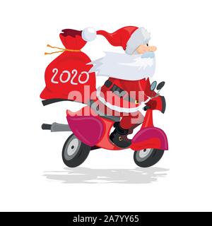 Un moderno Santa Claus cavalca un scooter rosso con un sacco di regali e i numeri 2020. Illustrazione Vettoriale