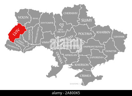 Lviv evidenziata in rosso nella mappa dell'Ucraina Foto Stock