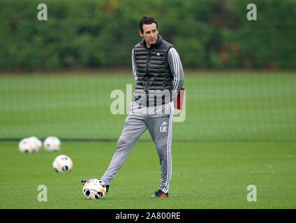 Arsenal manager Unai Emery durante una sessione di formazione a Londra prendere per Colney, Londra. Foto Stock