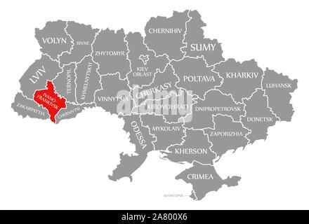 Ivano Frankivsk evidenziata in rosso nella mappa dell'Ucraina Foto Stock