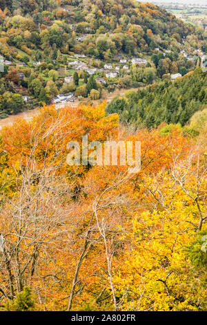 Symonds Yat West nella valle del Wye in autunno visto dalla Symonds Yat Rock, Herefordshire UK - Il fiume Wye è nel diluvio a causa delle pesanti piogge in Galles. Foto Stock