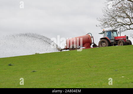 Spargimento di concime liquido su pascoli Foto Stock