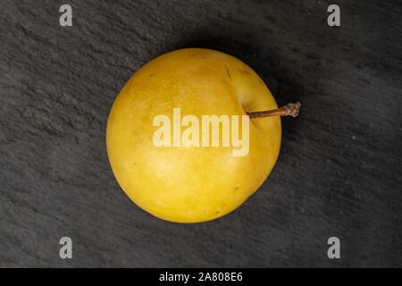 Un intero fresco prugna gialla flatlay sulla pietra grigia Foto Stock