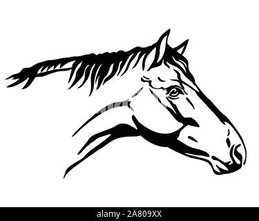 In bianco e nero ritratto decorativo nel profilo del cavallo, vettore illustrazione isolato in colore nero su sfondo bianco. Immagine per design e tatuaggio. Illustrazione Vettoriale