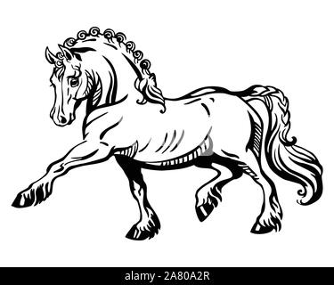 In bianco e nero ritratto decorativo di pony passi in profilo, formazione pony. Vettore illustrazione isolato in colore nero su sfondo bianco. Immagine per des Illustrazione Vettoriale