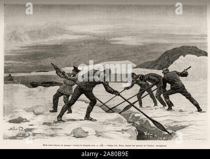 Nous nous frayons onu passaggio a travers la banquise, les membres de l'expédition repoussent les blocs de glace avec leurs avirons pour creer passaggio delle nazioni unite Foto Stock