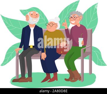 Tre vecchi amici sedersi sulla panchina nel parco, felici le persone anziane godendo all'aperto, allegro conversazione amichevole di coppia in pensione e amico Illustrazione Vettoriale
