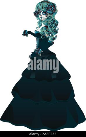 Vintage teschio di zucchero Ragazza con rose per il giorno dei morti (Dia de los Muertos). Illustrazione Vettoriale