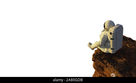 Astronauta sul pianeta Marte seduto su una rupe isolata su sfondo bianco Foto Stock