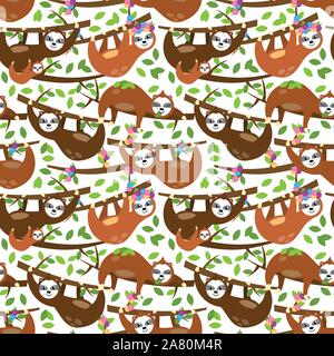 Seamless sfondo vettoriale con bradipi, rami di alberi e foglie Illustrazione Vettoriale