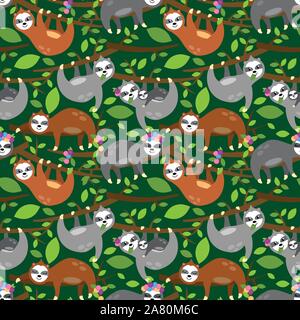 Seamless sfondo vettoriale con bradipi, rami di alberi e foglie Illustrazione Vettoriale