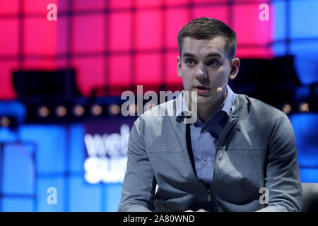 Lisbona, Portogallo. 5 Novembre, 2019. CEO BoltÃs Markus Villig parla durante l'annuale Vertice Web technology conference di Lisbona, in Portogallo il 5 novembre 2019. Credito: Pedro Fiuza/ZUMA filo/Alamy Live News Foto Stock