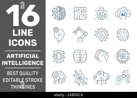 Intelligenza artificiale outline set di icone. La tecnologia di intelligenza artificiale, IIoT, cyberbrain e ia concetto del cervello. Corsa modificabile. EPS 10 Illustrazione Vettoriale