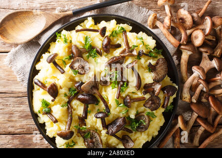 Miele di bosco fungo funghi servita con purè di patate close-up in una piastra con ingredienti sul tavolo. Parte superiore orizzontale vista da sopra Foto Stock