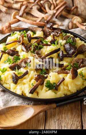 Arrosto di miele funghi con purè di patate close-up in una piastra con ingredienti sul piano verticale. Foto Stock