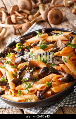 Italiano pasta penne con Armillaria mellea funghi, pomodori, il formaggio e il prezzemolo close-up in una piastra sul piano verticale. Foto Stock