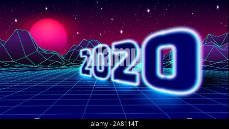 Il 2020 segno al neon per 80s rétro in stile New Years Eve celebrazione con gioco arcade paesaggio della griglia e viola sun Illustrazione Vettoriale
