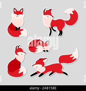 Set di adesivi con Cartoon carino volpi. Simpatici animali di bosco in diverse situazioni. Appartamento illustrazione vettoriale. Illustrazione Vettoriale