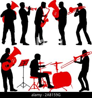 Impostare silhouette di un musicista che gioca il trombone, batterista, tuba, tromba, sassofono, su uno sfondo bianco. Illustrazione Vettoriale