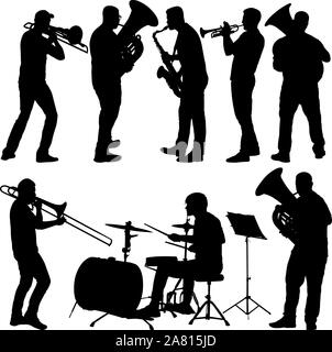 Impostare silhouette di un musicista che gioca il trombone, batterista, tuba, tromba, sassofono, su uno sfondo bianco. Illustrazione Vettoriale