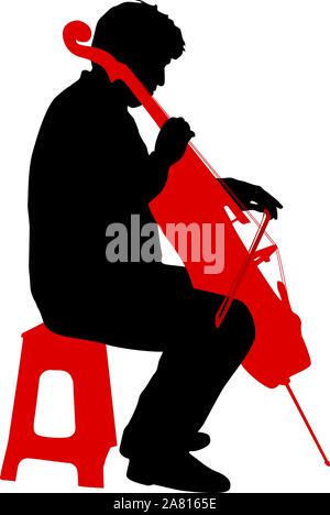 I contorni di un musicista che gioca il violoncello su uno sfondo bianco. Illustrazione Vettoriale