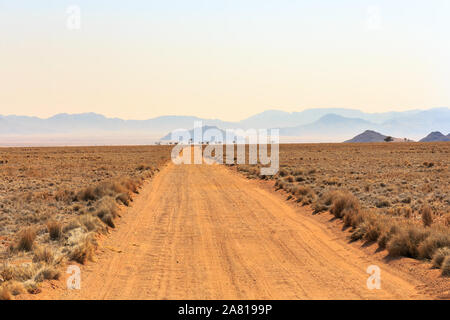 Strada di ghiaia che conduce attraverso il Deserto Namibiano, Africa Foto Stock