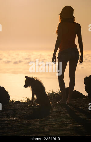 Silhouette di una ragazza con cucciolo sul tramonto Foto Stock