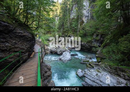 Fiume Breitach e sentiero escursionistico attraverso il Breitach gorge vicino a Oberstdorf, Oberallgau, Allgau, Baviera, Germania Foto Stock