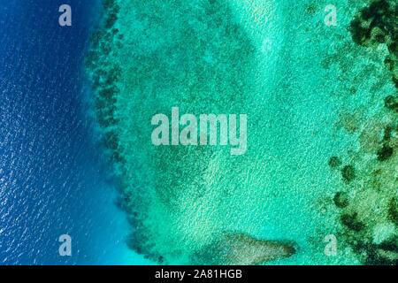 Vista aerea, laguna di isole Maldive con coralli dal di sopra, South-Male-Atoll, Maldive Foto Stock