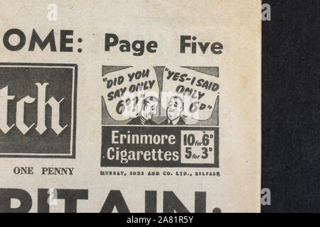 Annuncio per Erinmore sigarette sulla pagina anteriore del quotidiano Il Giornale Sketch (replica), 19 giugno 1940 (durante la battaglia della Gran Bretagna). Foto Stock