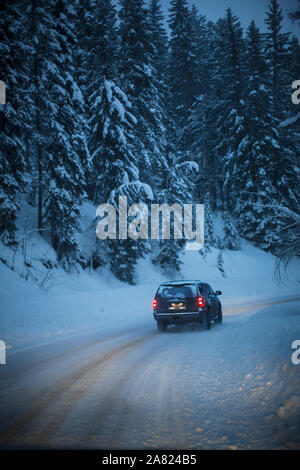 Guida auto su una coperta di neve strada di notte. Foto Stock