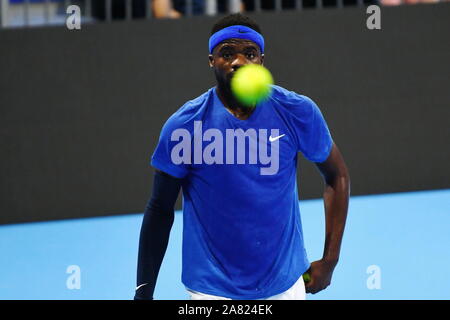 Milano, Italia, 05 Nov 2019, tiafoe durante il Next Gen di ATP Finals - Torneo round - Francesca Tiafoe vs J. peccatore - Tennis intenzionali - Credito: LPS/Alessio Tarpini/Alamy Live News Foto Stock