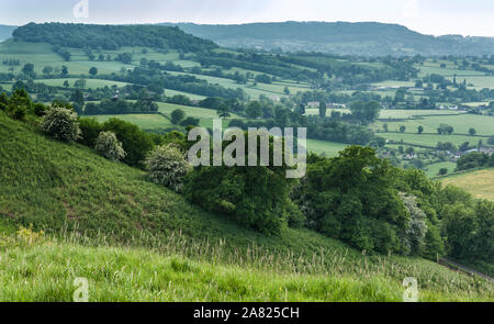 Uley - Vista sulla collina Downham visto dal Uley Bury, Cotswold valori erratici vicino a Dursley, Gloucestershire - Inghilterra Foto Stock