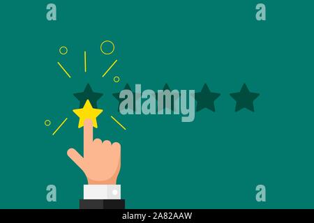 Feedback online reputazione cattiva qualità del concetto di revisione del cliente. Businessman mano dito che punta 1 una stella d'oro valutazione su sfondo verde. Illustrazione del risultato del voto di rango negativo del vettore Illustrazione Vettoriale