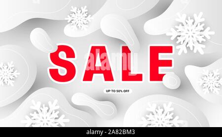 Inverno moderno design minimale vendita banner con realistica fiocchi di neve bianco, grigio fluido forme su uno sfondo luminoso. Illustrazione Vettoriale Illustrazione Vettoriale