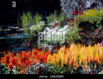 Una pittura di un colorato giardino fiorito. dipinto originale. Foto Stock